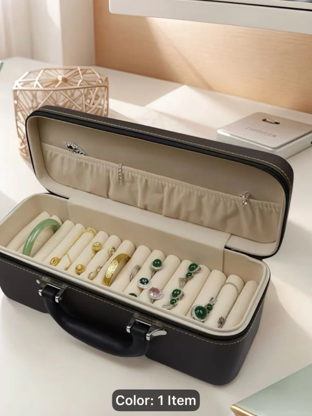 Brown Vintage-Style Hard Case for Bangle Jade Travel Box with Black Handle